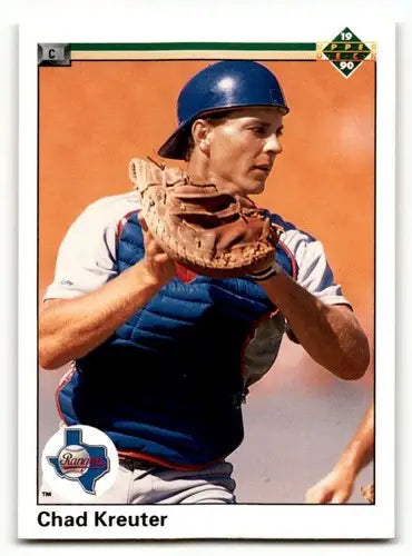 Original gloss baseball card featuring Chad Kreuter Texas Rangers catcher gear