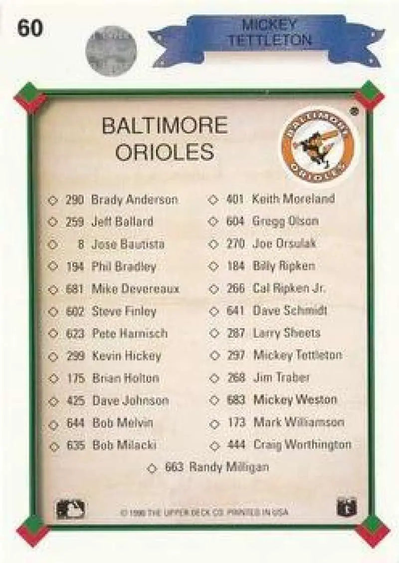 Vintage Baseball Card Checklist for Baltimore Orioles Featuring Mickey Tettleton Upper Deck