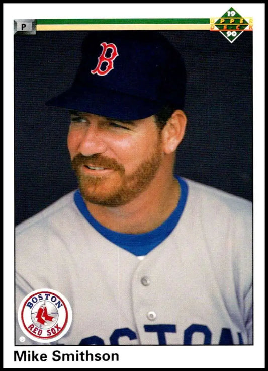Baseball card of Mike Smithson in Boston Red Sox uniform and navy blue cap