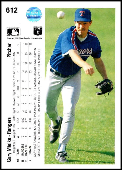 Baseball card of Gary Mielke in Texas Rangers blue uniform from Upper Deck