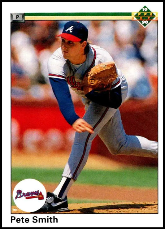 Pete Smith in Atlanta Braves uniform mid-delivery on baseball card 1990 Upper Deck #613
