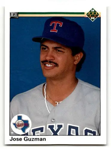 Jose Guzman Texas Rangers baseball card from 1990 Upper Deck #617 displaying Guzman Texas Rangers memorabilia