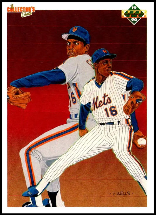 Dwight Gooden and Mets pitchers on a 1990 Upper Deck baseball card against red background