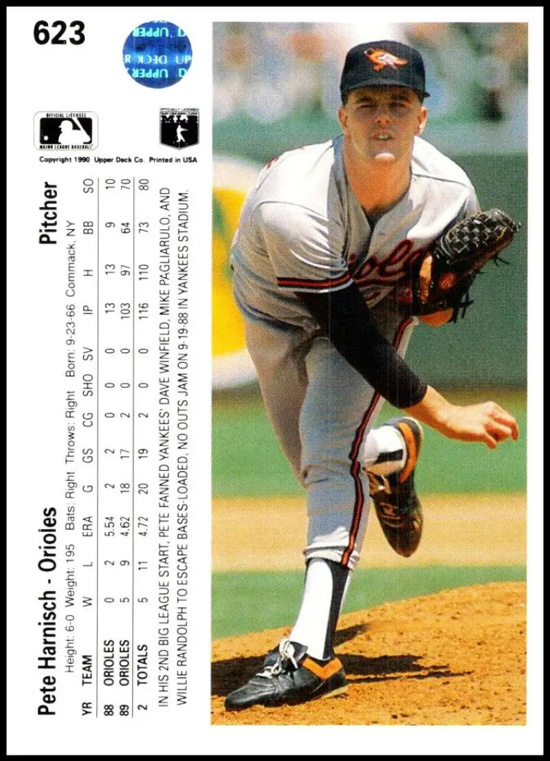 Baltimore Orioles pitcher mid-delivery on 1990 Upper Deck baseball card #623