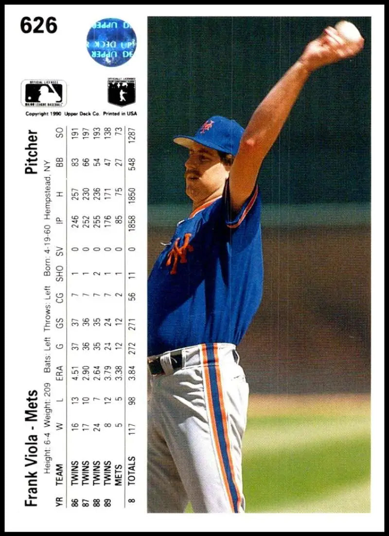 Baseball player Frank Viola in blue Mets uniform mid-pitch delivery for Upper Deck card