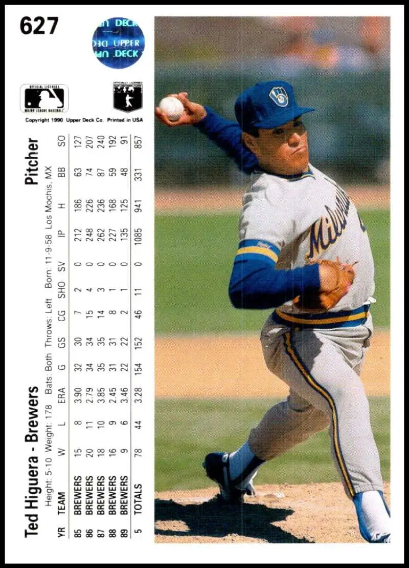 Teddy Higuera mid-pitch in Milwaukee Brewers uniform on Upper Deck baseball card