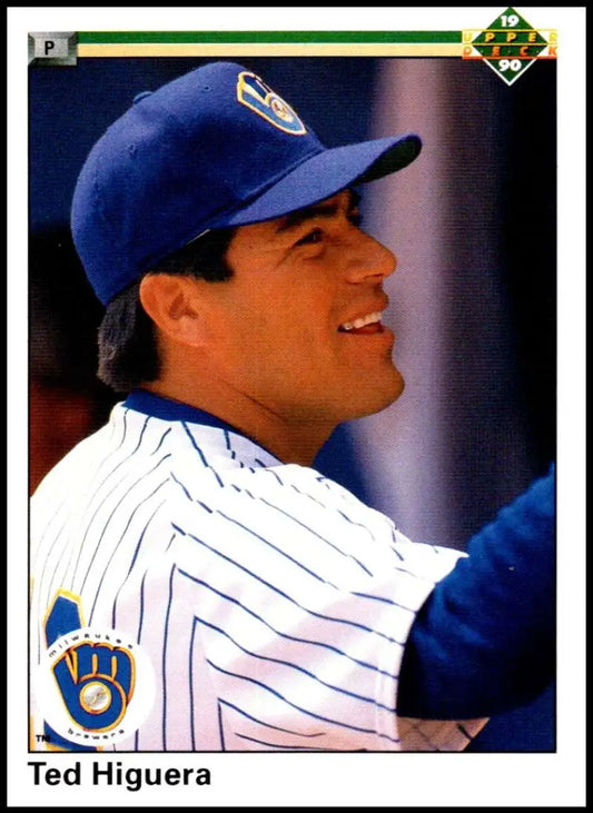Milwaukee Brewers player Teddy Higuera in blue cap on 1990 Upper Deck baseball card