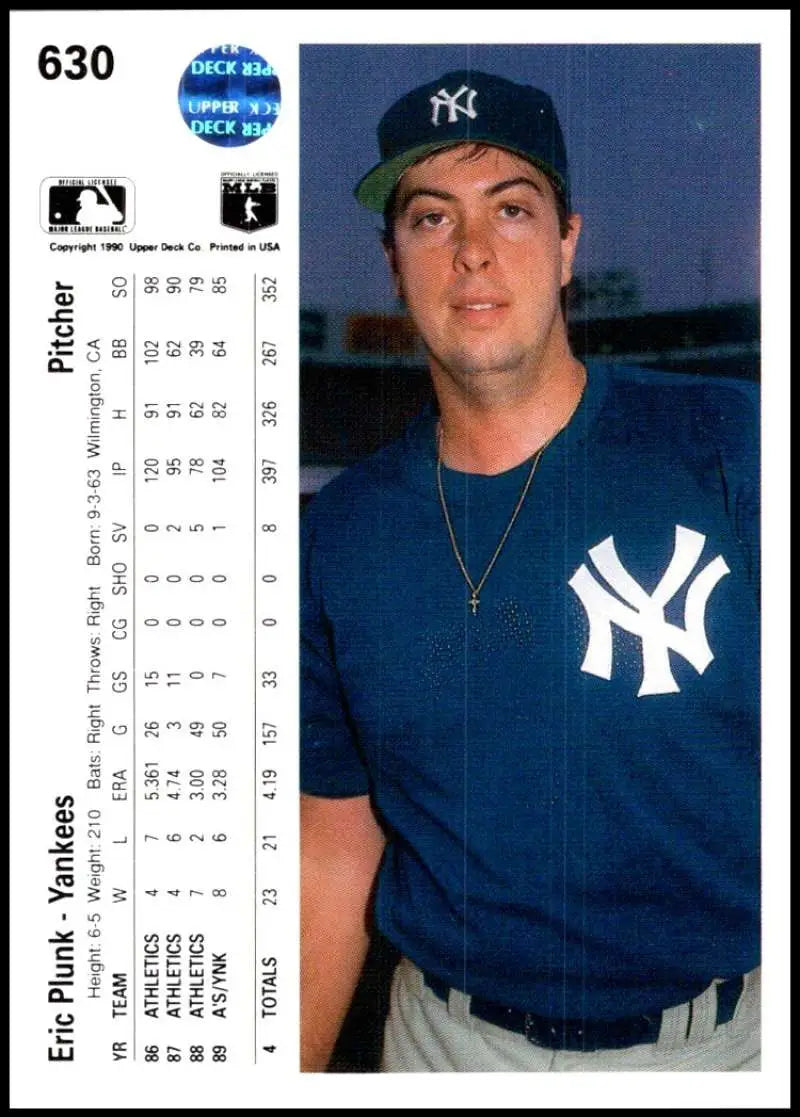Eric Plunk New York Yankees Baseball Card in navy blue uniform from 1990 Upper Deck