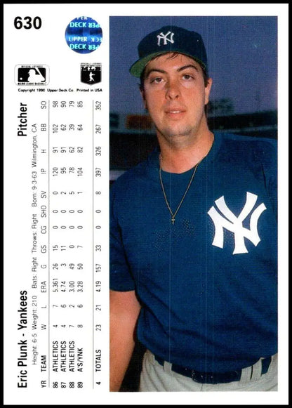 Eric Plunk New York Yankees Baseball Card in navy blue uniform from 1990 Upper Deck