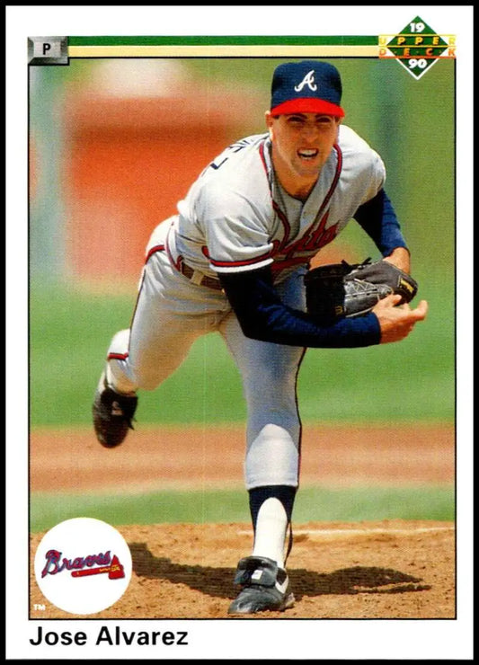 Jose Alvarez pitching in Atlanta Braves uniform on 1990 Upper Deck baseball card