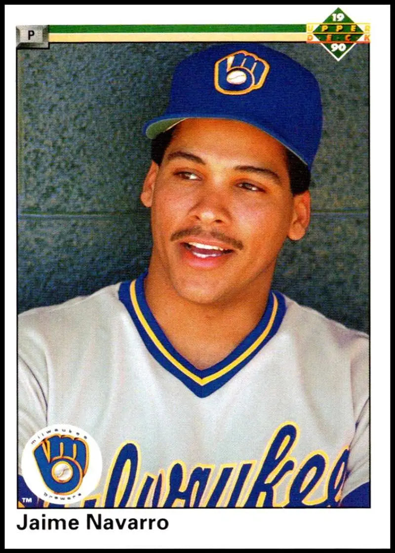 Milwaukee Brewers Jaime Navarro 1990 Upper Deck baseball card in blue cap and jersey