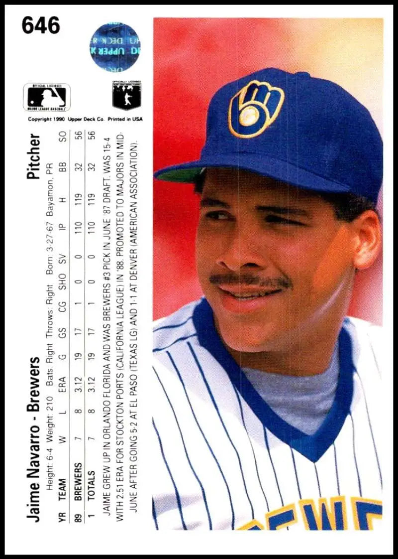 Milwaukee Brewers 1990 Upper Deck Jaime Navarro Baseball Card in pinstriped uniform