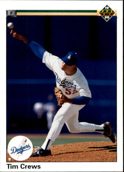 Tim Crews pitching in a white Dodgers uniform on the mound for Upper Deck card