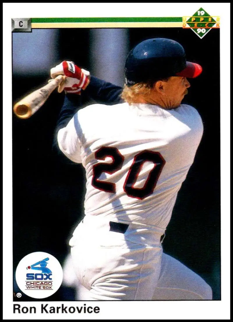 Ron Karkovice swinging bat in Chicago White Sox uniform, 1990 Upper Deck card