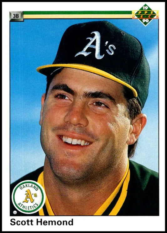 Baseball card of Scott Hemond in Oakland Athletics green and gold uniform and cap