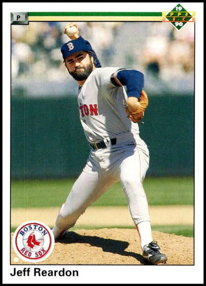 Jeff Reardon pitching in a white uniform for the Boston Red Sox baseball card