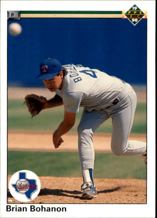 Brian Bohanon pitching in a white Texas Rangers uniform on 1990 Upper Deck card