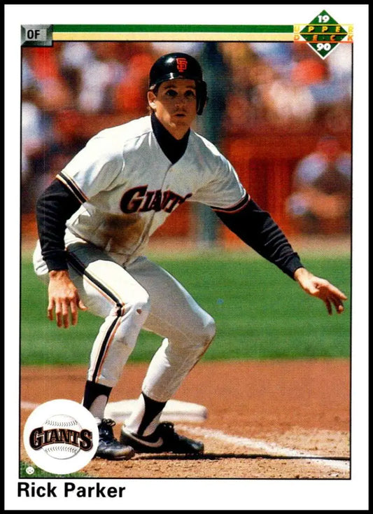 San Francisco Giants player Rick Parker taking a lead off base on baseball card