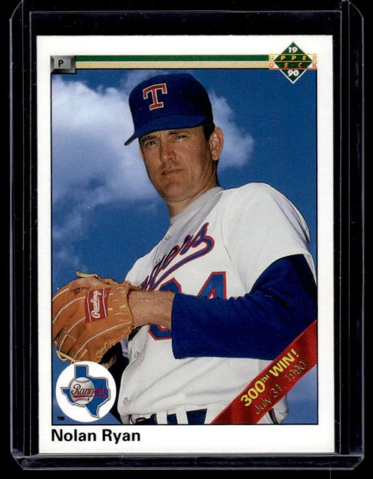 Nolan Ryan Texas Rangers baseball card in white uniform with blue sleeves