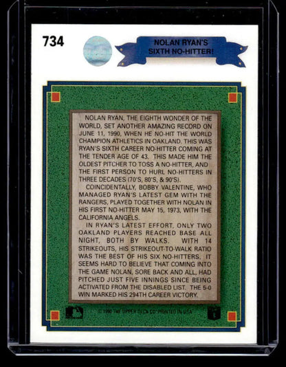 Baseball card featuring Nolan Ryan’s 8th no-hitter with Texas Rangers green border design