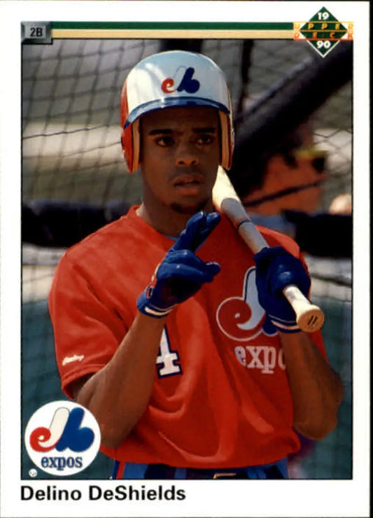 Delino DeShields in Montreal Expos uniform holding bat on baseball card