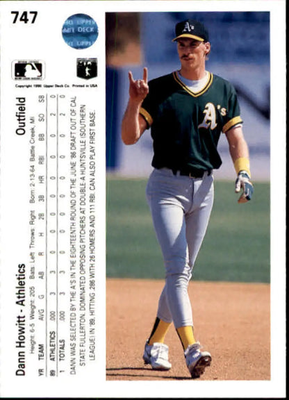 Baseball card of Dann Howitt, rookie Oakland Athletics player, peace sign on field
