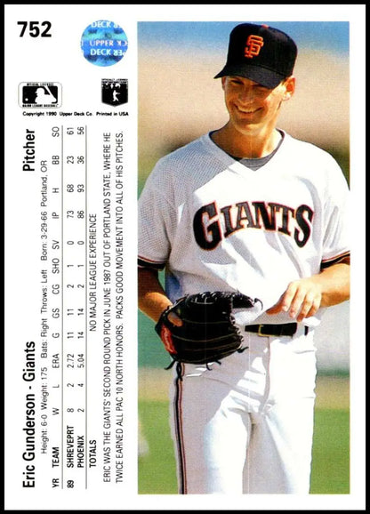 Baseball card featuring Eric Gunderson in white San Francisco Giants uniform from Upper Deck