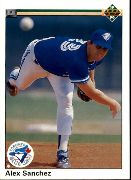 Baseball pitcher Alex Sanchez in Toronto Blue Jays uniform delivering a pitch