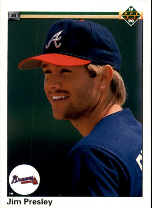 Atlanta Braves player Jim Presley in navy cap on 1990 Upper Deck baseball card