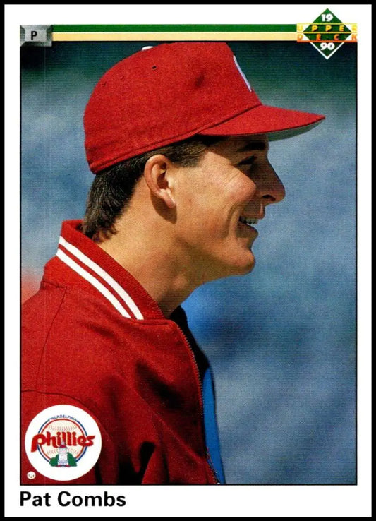Profile view of Pat Combs in red Phillies uniform on 1990 Upper Deck baseball card