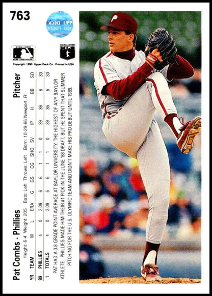 Baseball card of Pat Combs in delivery for 1990 Upper Deck Philadelphia Phillies