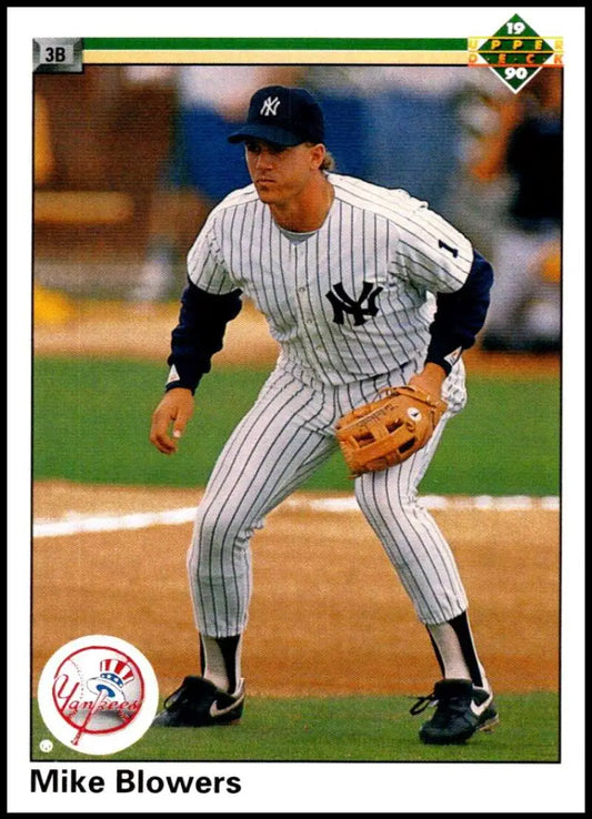 New York Yankees player Mike Blowers in pinstripe uniform fielding stance rookie card