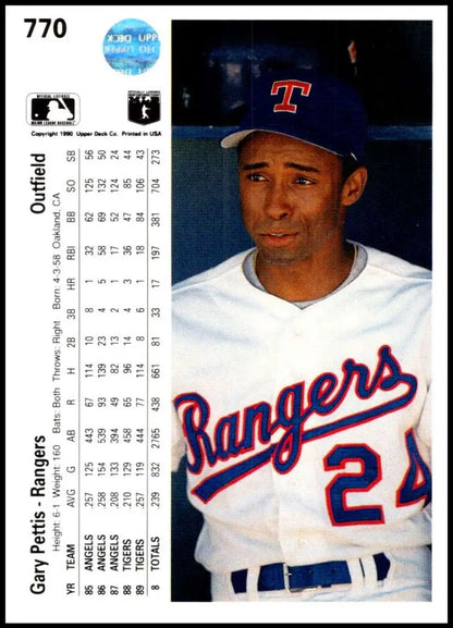 Texas Rangers Gary Pettis 1990 Upper Deck #770 baseball card showcasing jersey 24