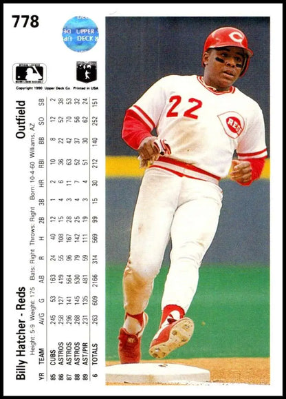 Upper Deck baseball card of Billy Hatcher #22 rounding the bases for Cincinnati Reds