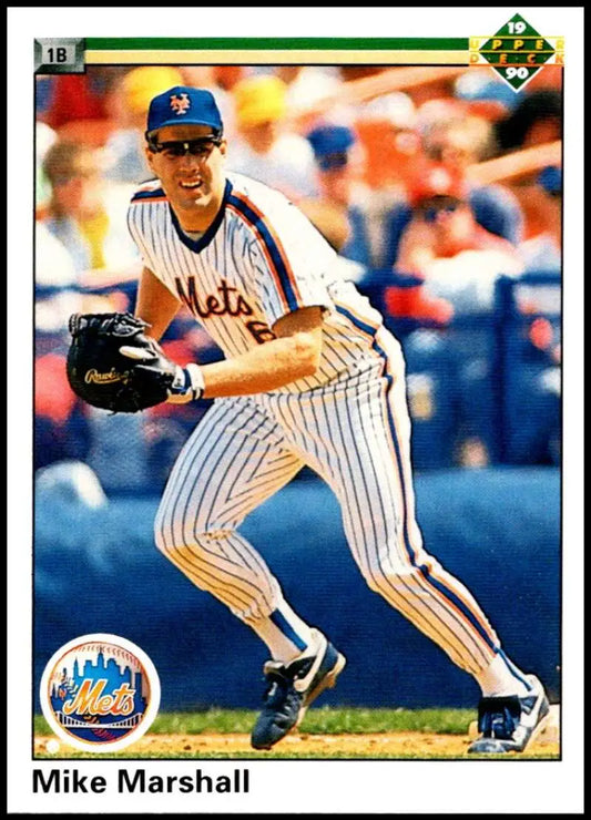 Mike Marshall in New York Mets pinstriped uniform preparing to bunt on baseball card