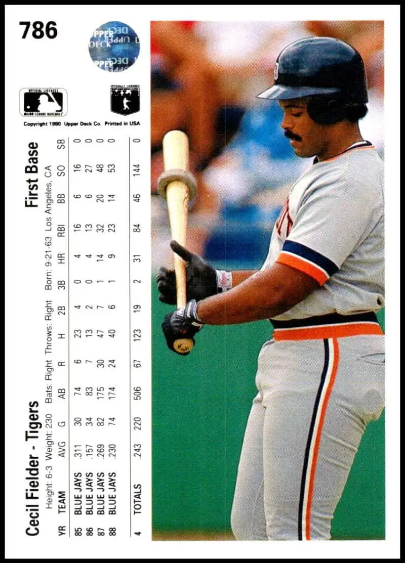 Cecil Fielder batting in road gray uniform on Detroit Tigers baseball card 1990 Upper Deck