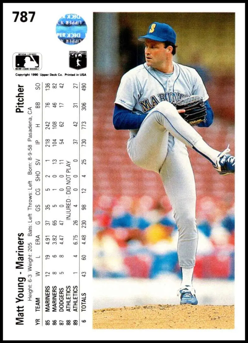 Matt Young delivering pitch on 1990 Upper Deck Seattle Mariners Baseball Card
