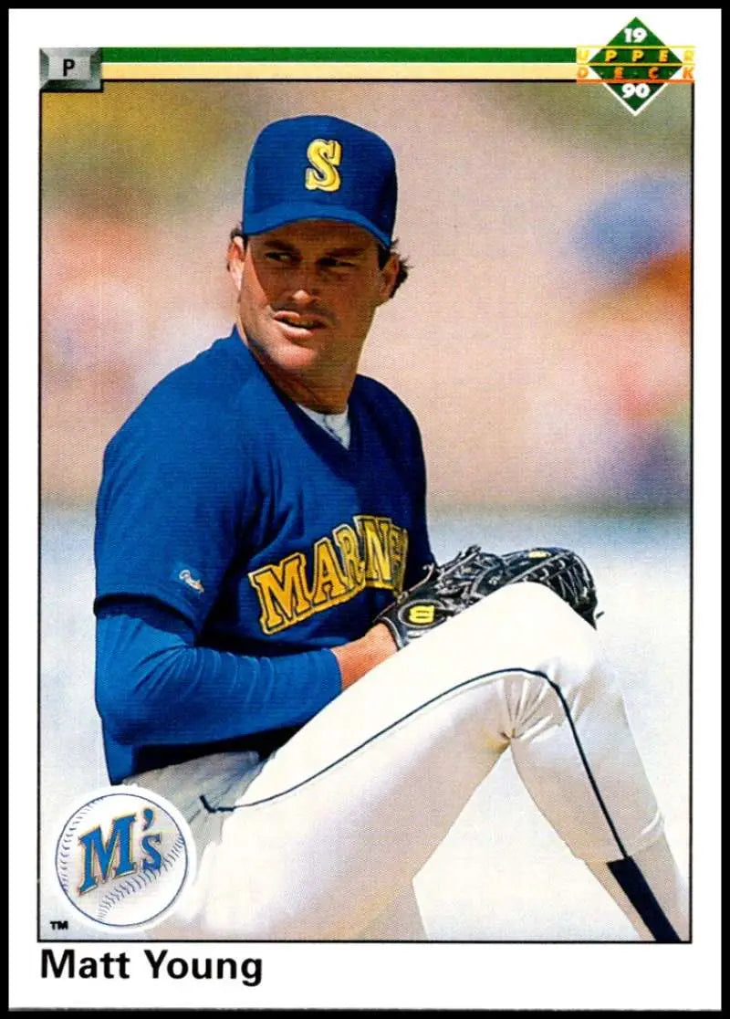 Baseball player in Seattle Mariners uniform ready to pitch on Matt Young baseball card