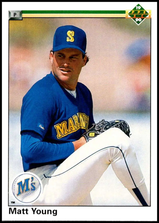 Baseball player in Seattle Mariners uniform ready to pitch on Matt Young baseball card