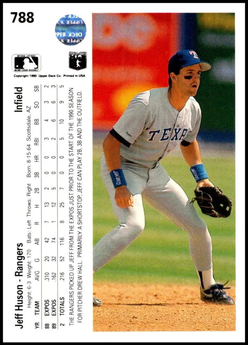 Jeff Huson in Texas Rangers uniform at third base on baseball card