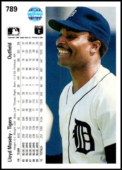 Lloyd Moseby Detroit Tigers baseball card in home white uniform with classic D logo