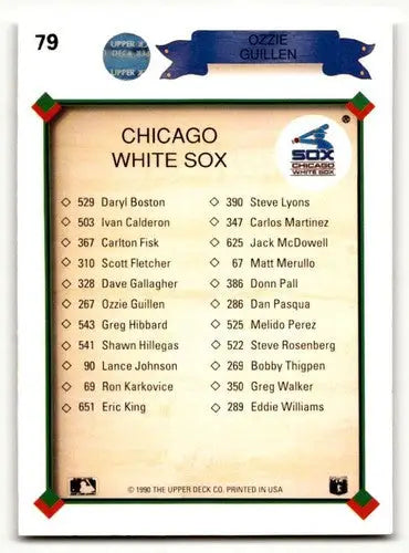 Back of 1990 Upper Deck Ozzie Guillen Chicago White Sox baseball card with original gloss