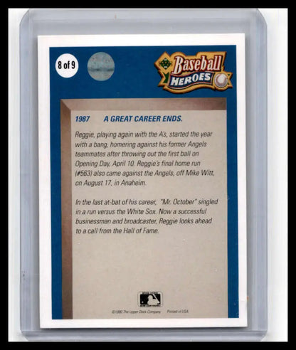 Back of 1990 Upper Deck Reggie Jackson Baseball Card with 1987 events, Oakland Athletics