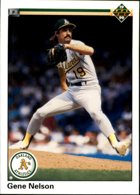 Oakland Athletics pitcher Gene Nelson delivers on the mound for a baseball card