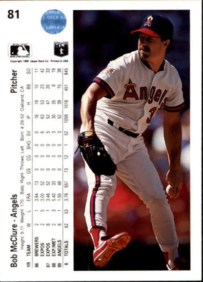 Bob McClure pitching in white uniform on 1990 Upper Deck California Angels card