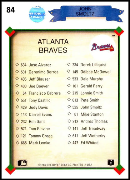1990 Upper Deck John Smoltz Atlanta Braves baseball card roster with uniform numbers