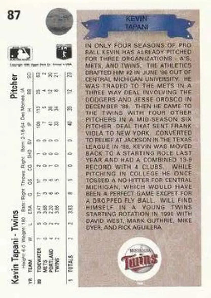 Kevin Tapani 1990 Upper Deck baseball trading card for Minnesota Twins rookie