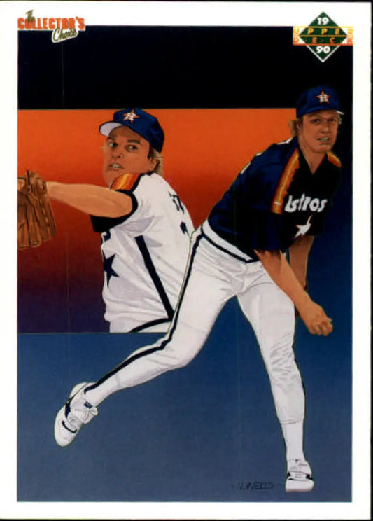 Baseball player mid-pitching in Houston Astros uniform on Mike Scott baseball card
