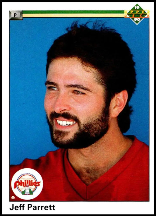 Jeff Parrett 1990 Upper Deck baseball card featuring player in red Phillies uniform