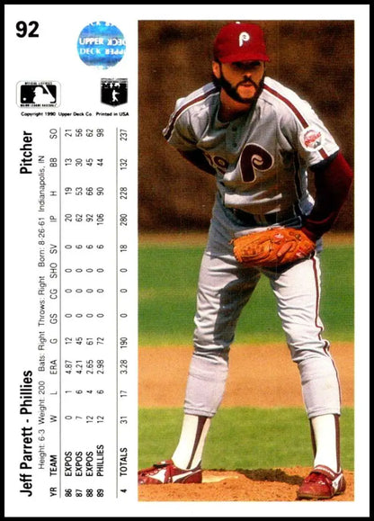 Jeff Parrett baseball card featuring the Philadelphia Phillies pitcher on the mound